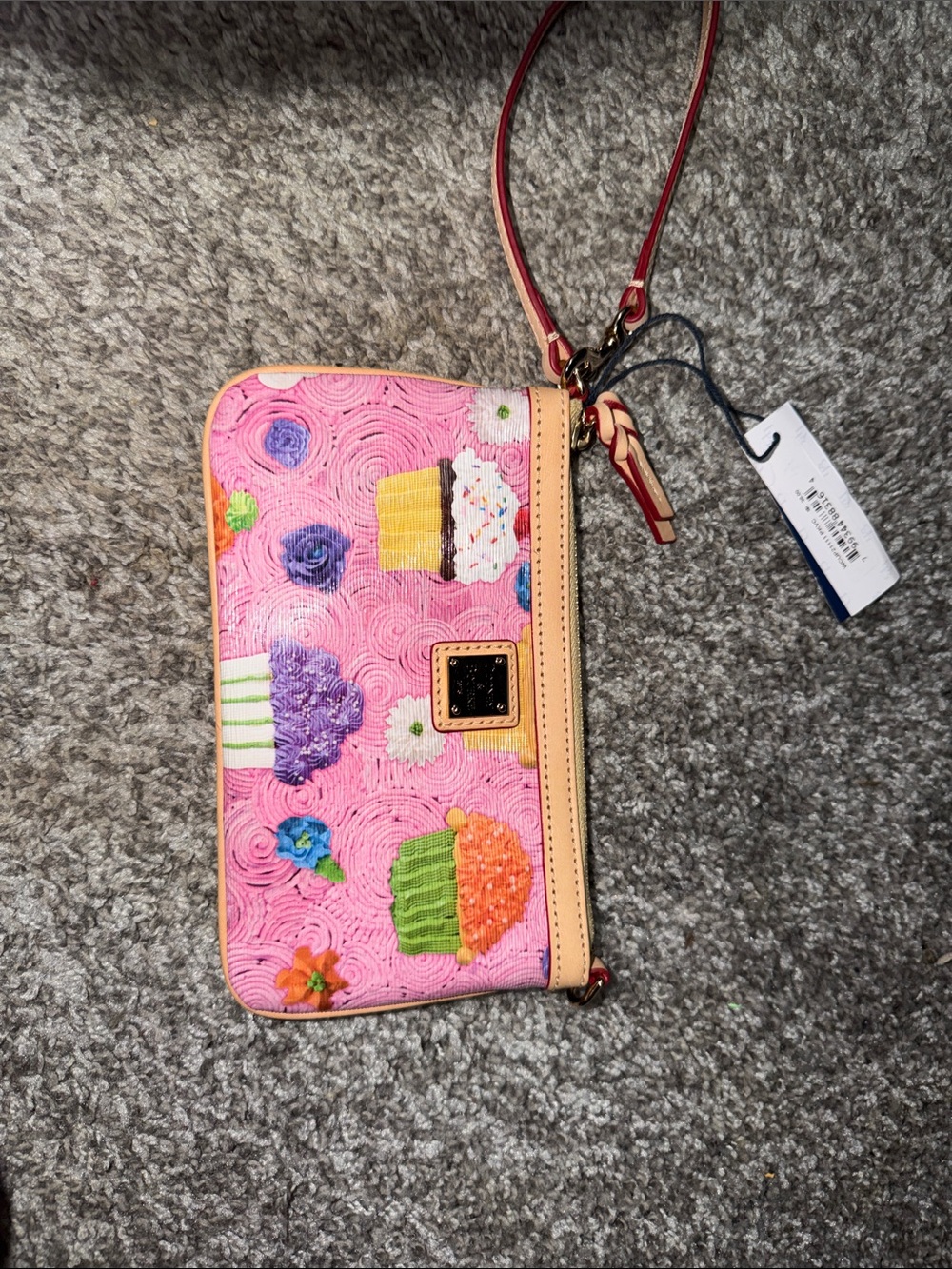 Dooney & Bourke Pink Cupcake Print Wristlet with Tan Trim